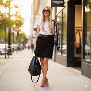 NWOT Mario Serrani black rosette sequin waistband skirt, Size 4